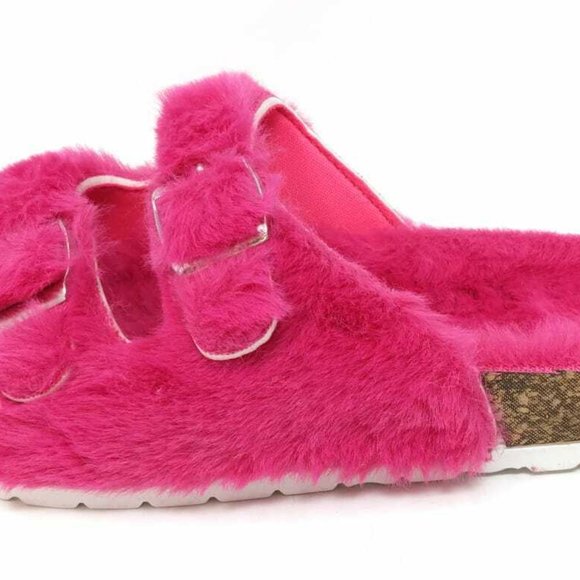 Womens Slippers Double Strap Faux Fur Slippers Double Buckle Open Toe Sandals - Picture 4 of 8